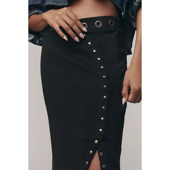 By Anthropologie Hardware Side-Slit Column Midi Skirt Studded Black SP 284254 - Picture 4 of 12